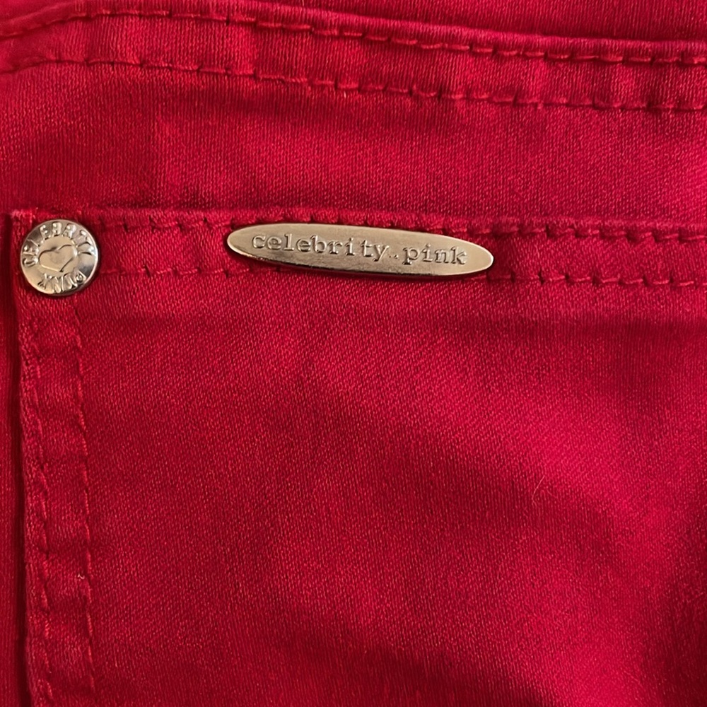 Celebrity Pink stretchy Bold Scarlet Red Jr SZ 13 Pants w silver logo plate EUC - Picture 9 of 13